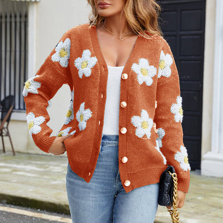 Damernas mysiga stickad cardigan med blommiga detaljer Mirla-Eva Jonsson