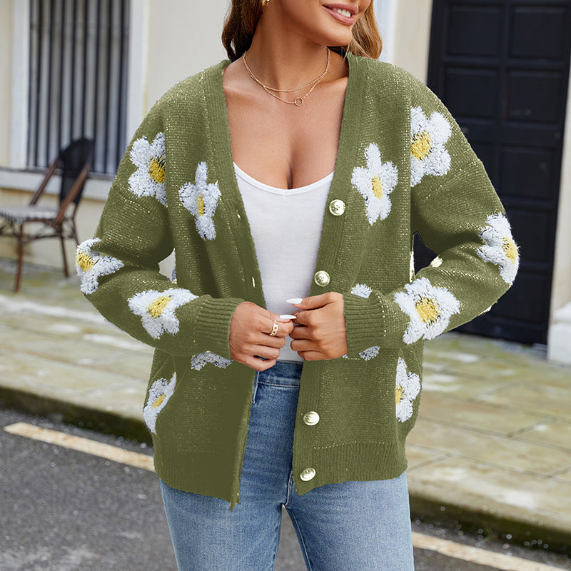 Damernas mysiga stickad cardigan med blommiga detaljer Mirla-Eva Jonsson