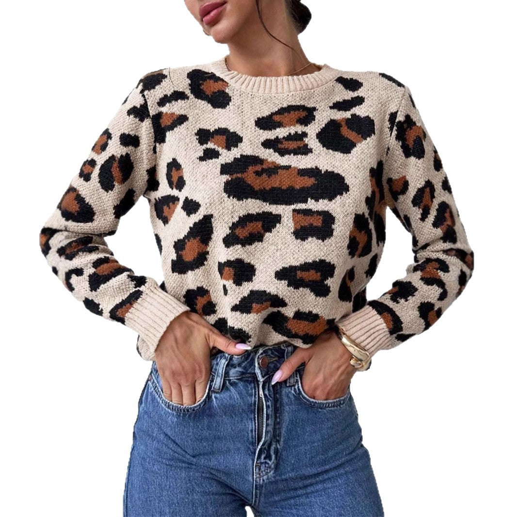 Damernas mysiga stickad tröja med leopardsmönster och överlappande axlar Eva Jonsson-Eva Jonsson