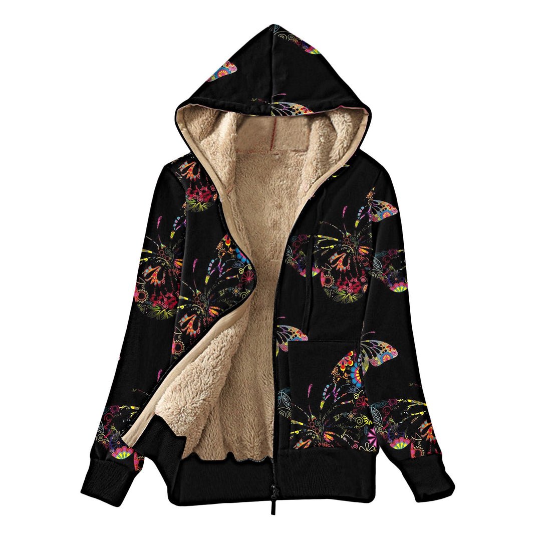 Damernas mysjacka med hoodie och färgglad fjärilsdesign Mirla-Eva Jonsson