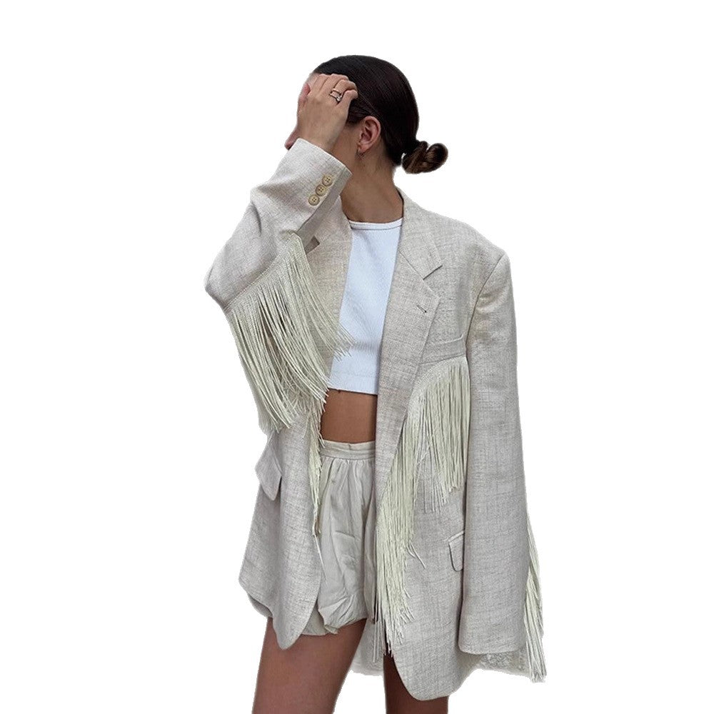 Damernas oversized blazerjacka med trendiga fransar Mirla-Eva Jonsson