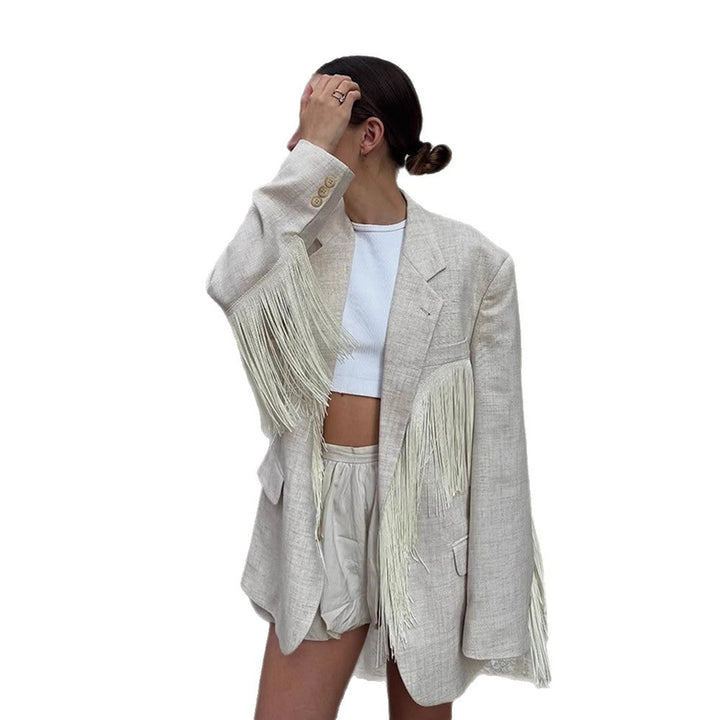 Damernas oversized blazerjacka med trendiga fransar Mirla-Eva Jonsson