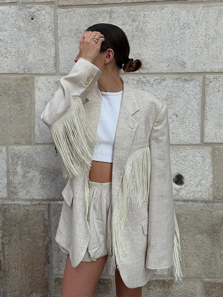 Damernas oversized blazerjacka med trendiga fransar Mirla-Eva Jonsson