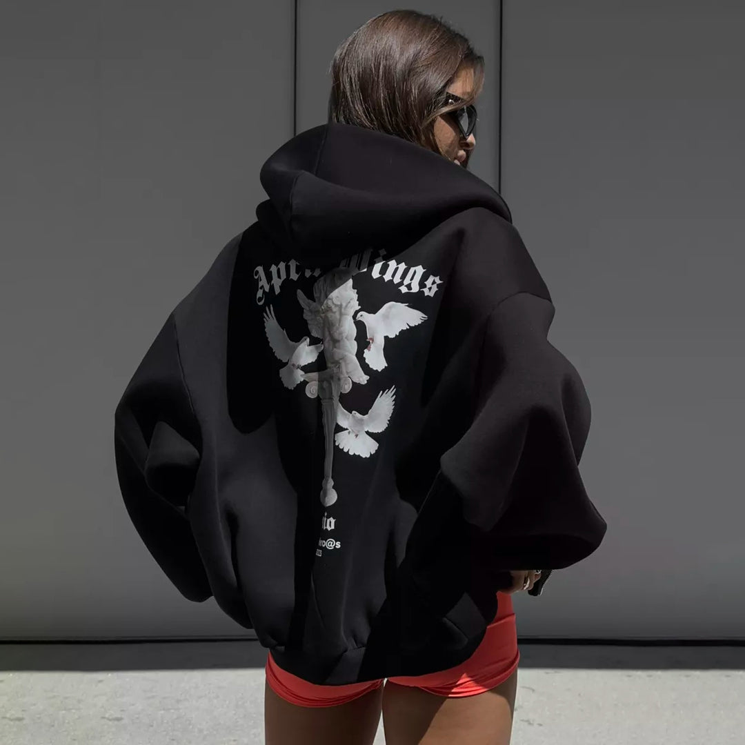 Damernas oversized hoodie med unik grafisk tryck Mirla-Eva Jonsson