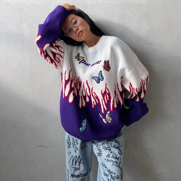 Damernas oversized stickad tröja med färggrafisk design Mirla-Eva Jonsson