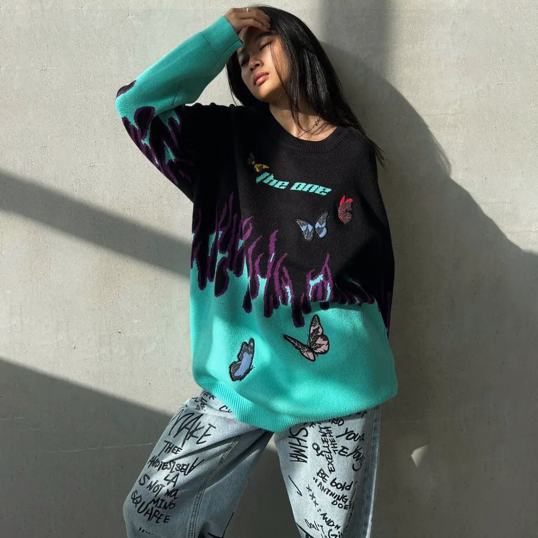 Damernas oversized stickad tröja med färggrafisk design Mirla-Eva Jonsson