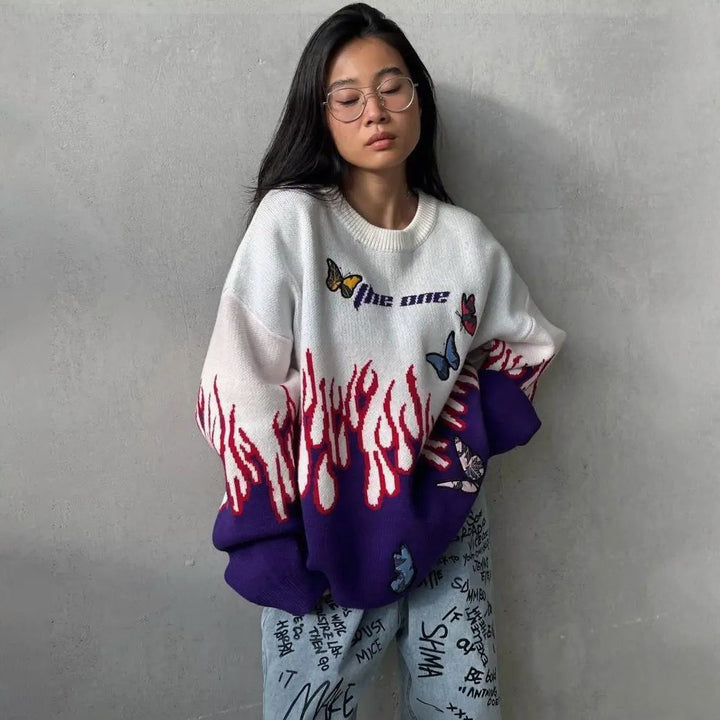 Damernas oversized stickad tröja med färggrafisk design Mirla-Eva Jonsson