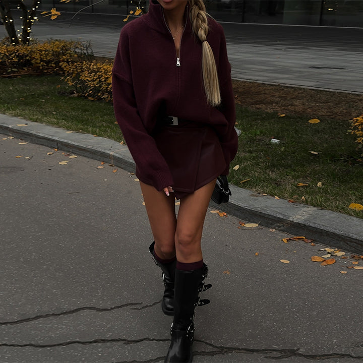Damernas oversized stickad tröja med halv dragkedja Mirla-Eva Jonsson