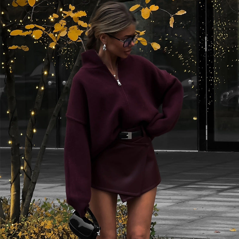 Damernas oversized stickad tröja med halv dragkedja Mirla-Eva Jonsson