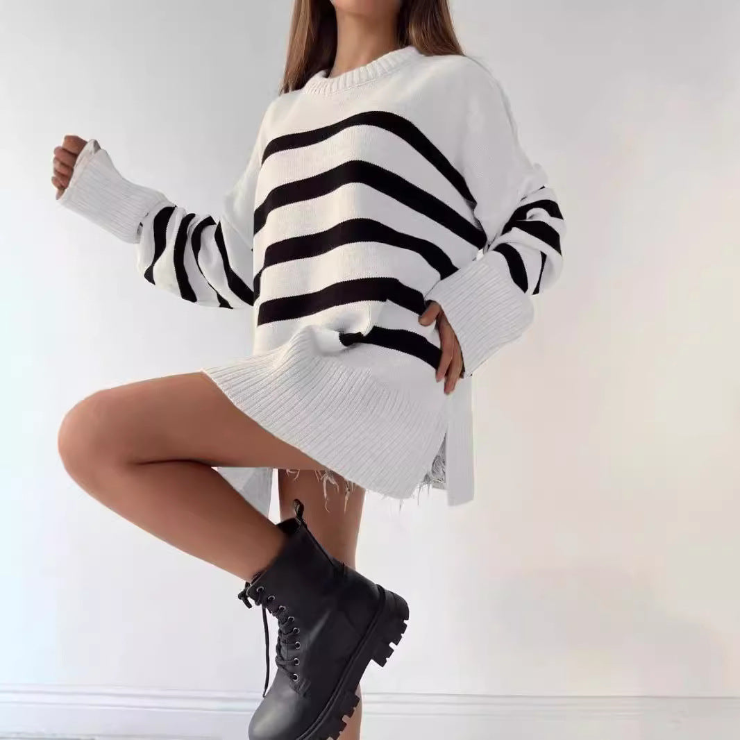 Damernas oversized stickad tröja med markant randmönster och ribbad mudd Eva Jonsson-Eva Jonsson
