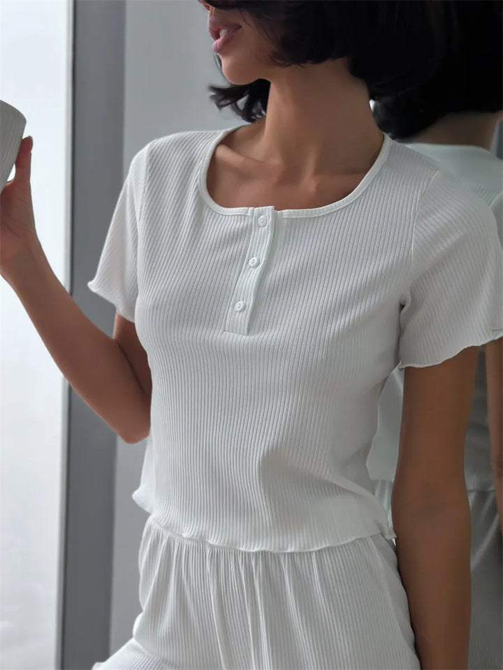 Damernas pyjamas set med elastisk midja och knapprand detaljer-Eva Jonsson