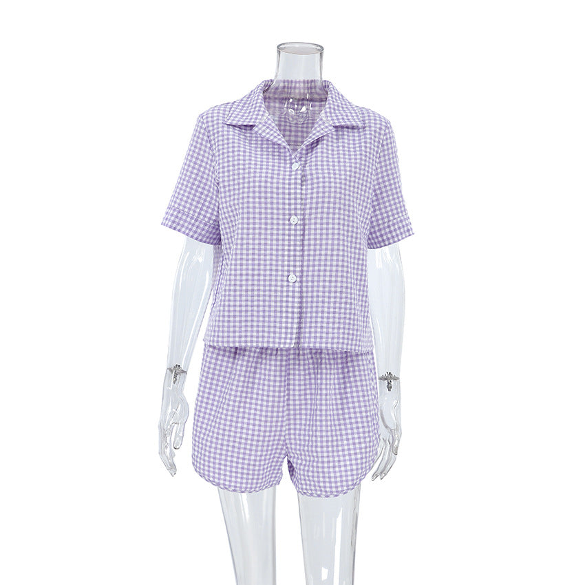 Damernas pyjamaset med rutigt mönster och kort ärm Mirla-Eva Jonsson