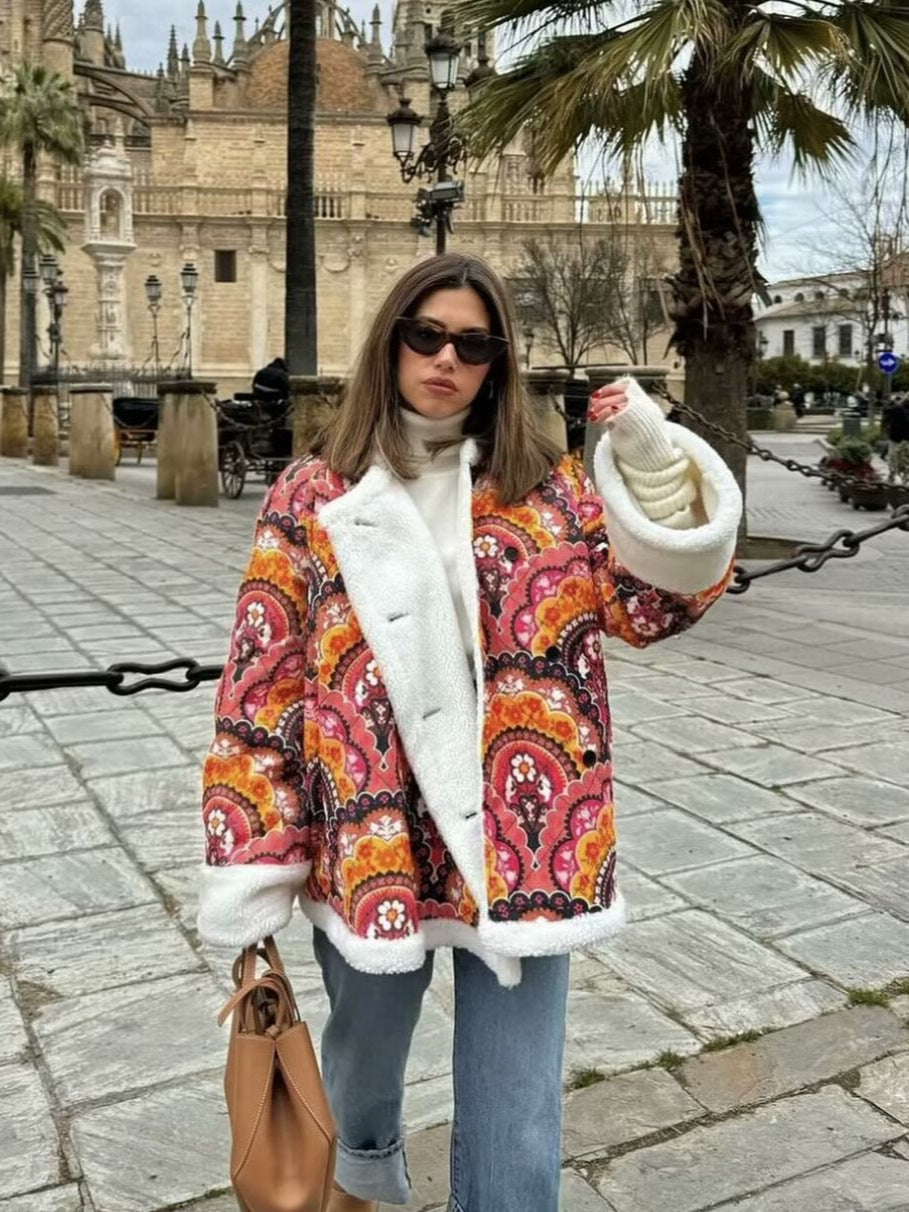 Damernas quiltad övergångsjacka med blommönster och mysig fleece Mirla-Eva Jonsson