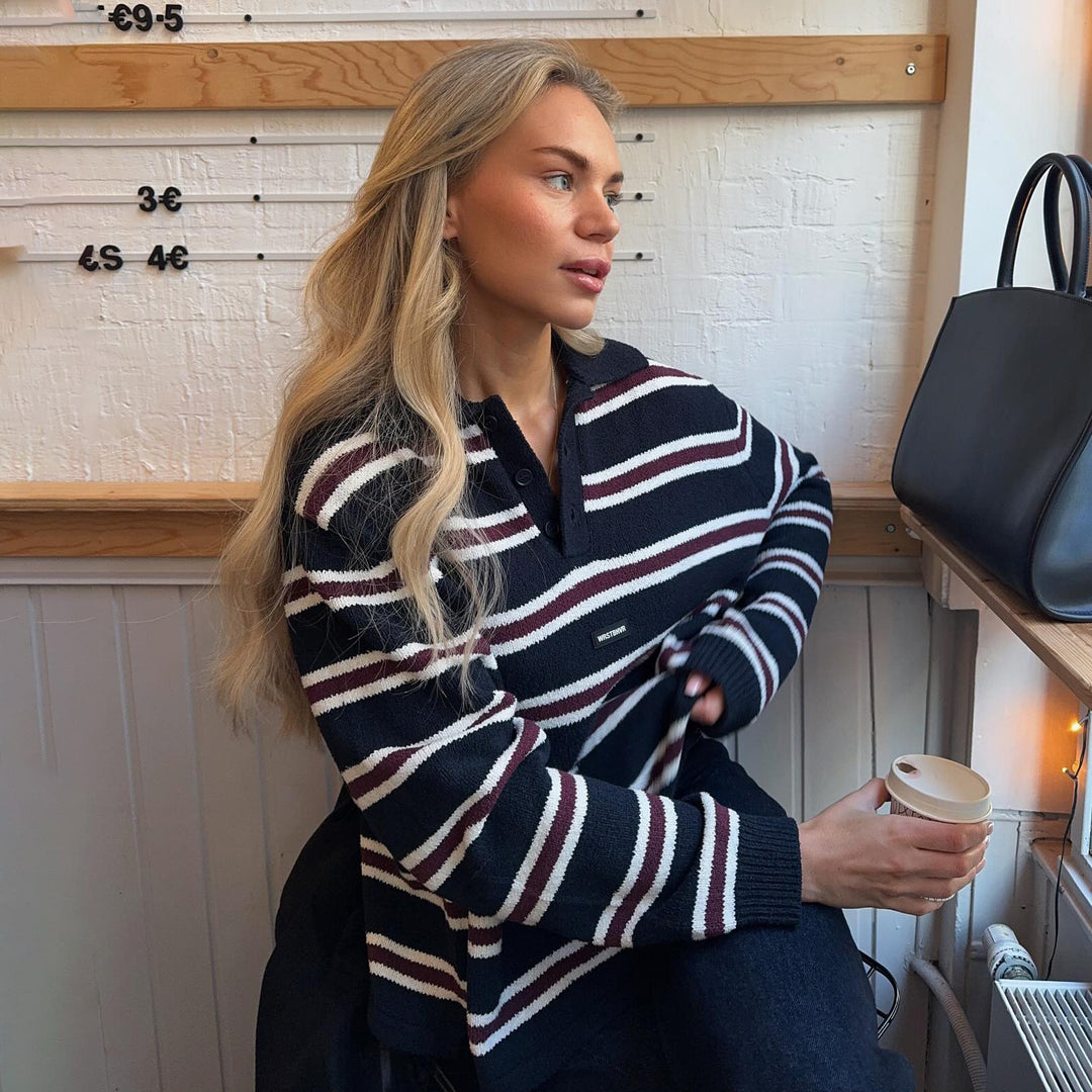 Damernas randig tröja med knapplist och gosig textur Mirla-Eva Jonsson