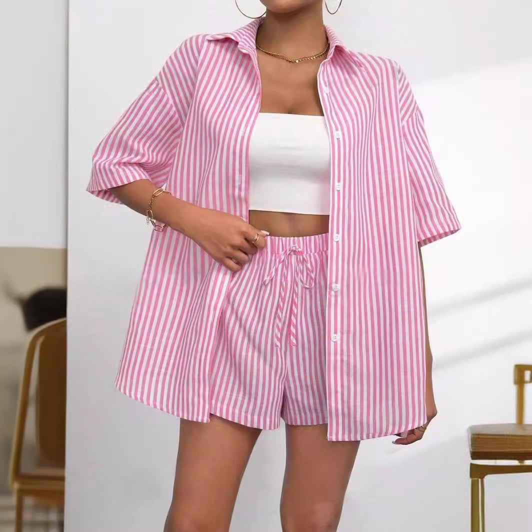 Damernas randiga kortärmad set med skjorta och shorts Mirla-Eva Jonsson