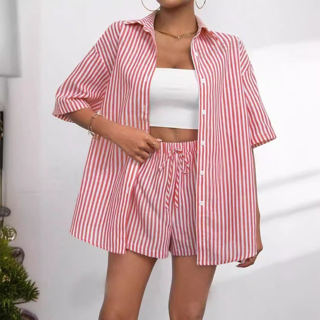 Damernas randiga kortärmad set med skjorta och shorts Mirla-Eva Jonsson