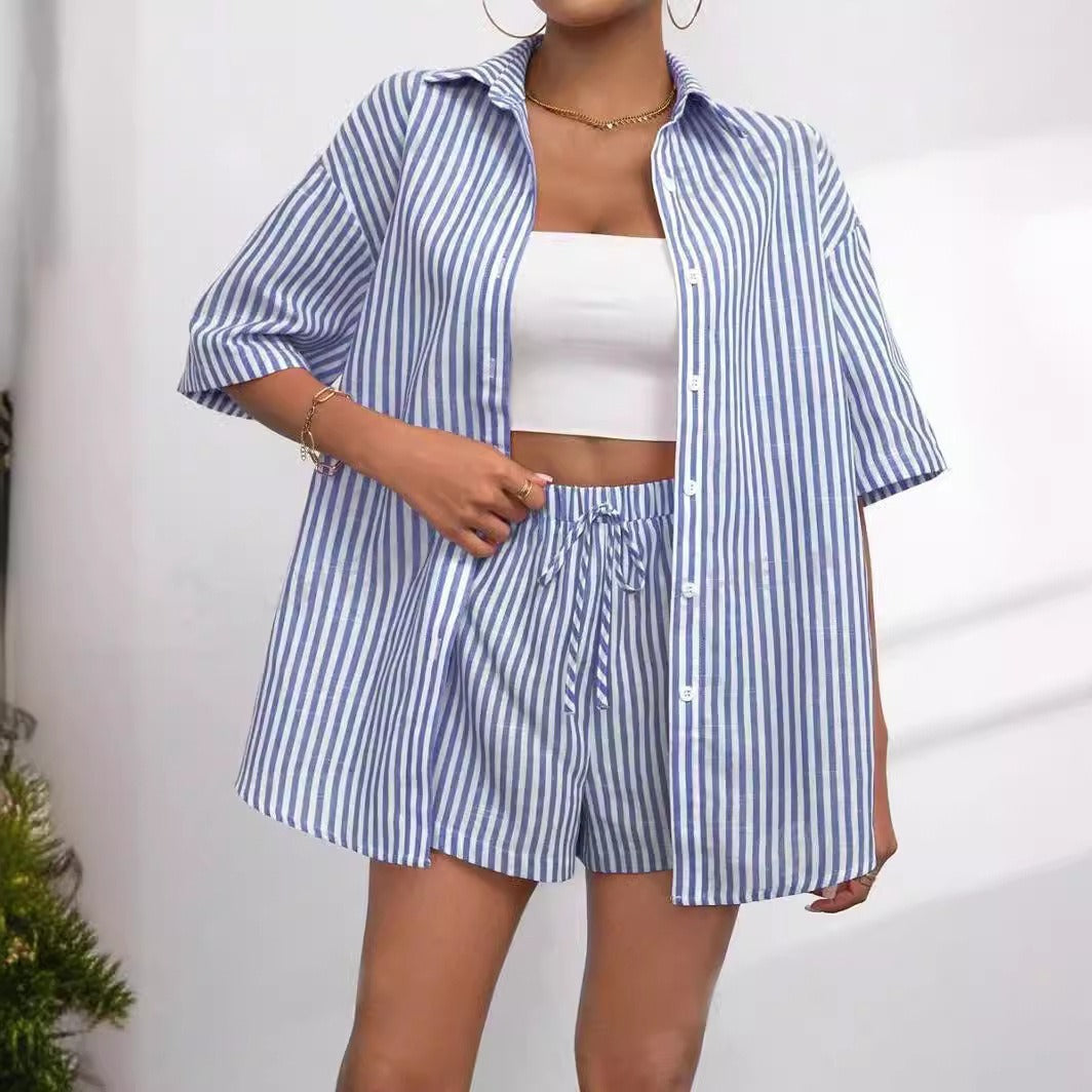 Damernas randiga kortärmad set med skjorta och shorts Mirla-Eva Jonsson