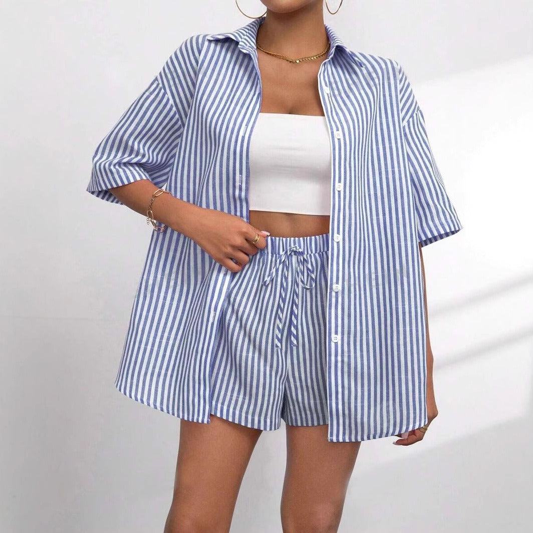 Damernas randiga kortärmad set med skjorta och shorts Mirla-Eva Jonsson