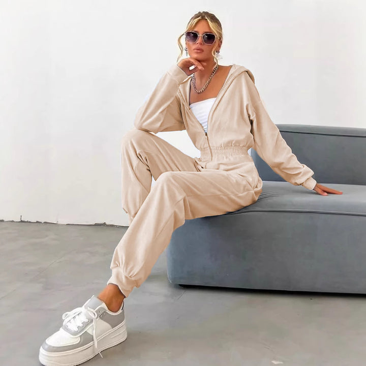 Damernas sammets jumpsuit med huva och elastisk midja-Eva Jonsson