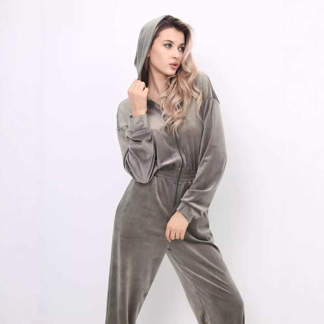 Damernas sammets jumpsuit med huva och elastisk midja-Eva Jonsson