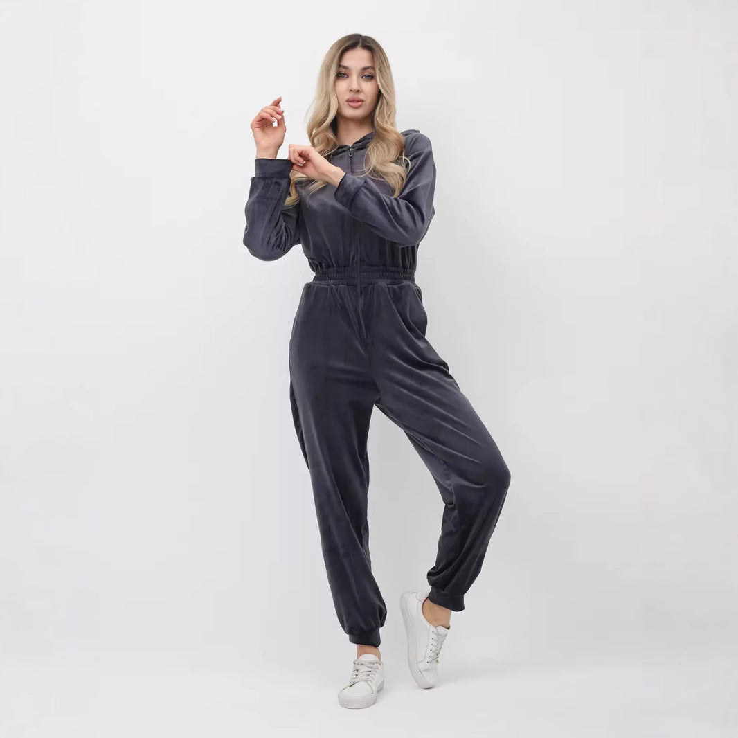 Damernas sammets jumpsuit med huva och elastisk midja-Eva Jonsson