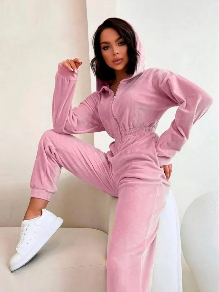 Damernas sammets jumpsuit med huva och elastisk midja-Eva Jonsson