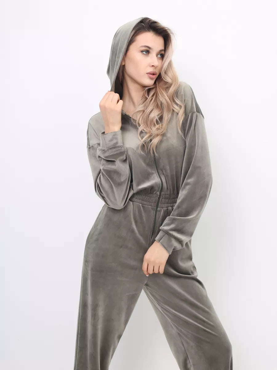 Damernas sammets jumpsuit med huva och elastisk midja-Eva Jonsson