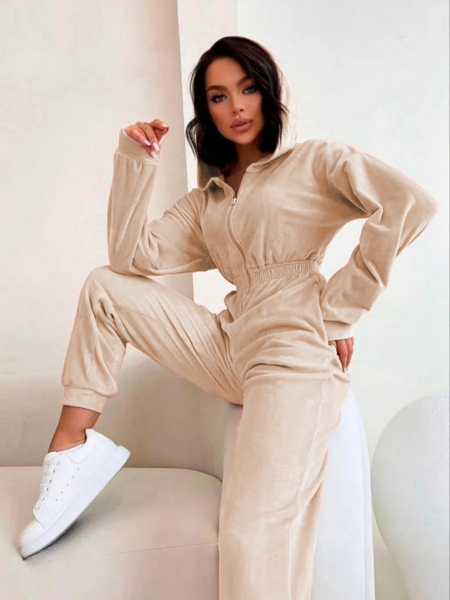 Damernas sammets jumpsuit med huva och elastisk midja-Eva Jonsson