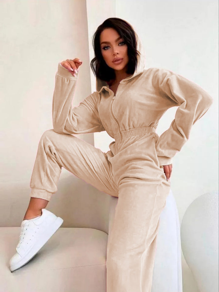 Damernas sammets jumpsuit med huva och elastisk midja-Eva Jonsson