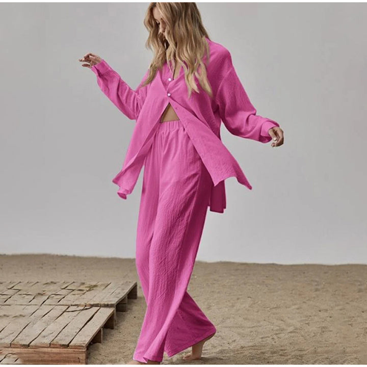 Damernas satinpyjamas-set med långärmad blus och vida byxor Mirla-Eva Jonsson