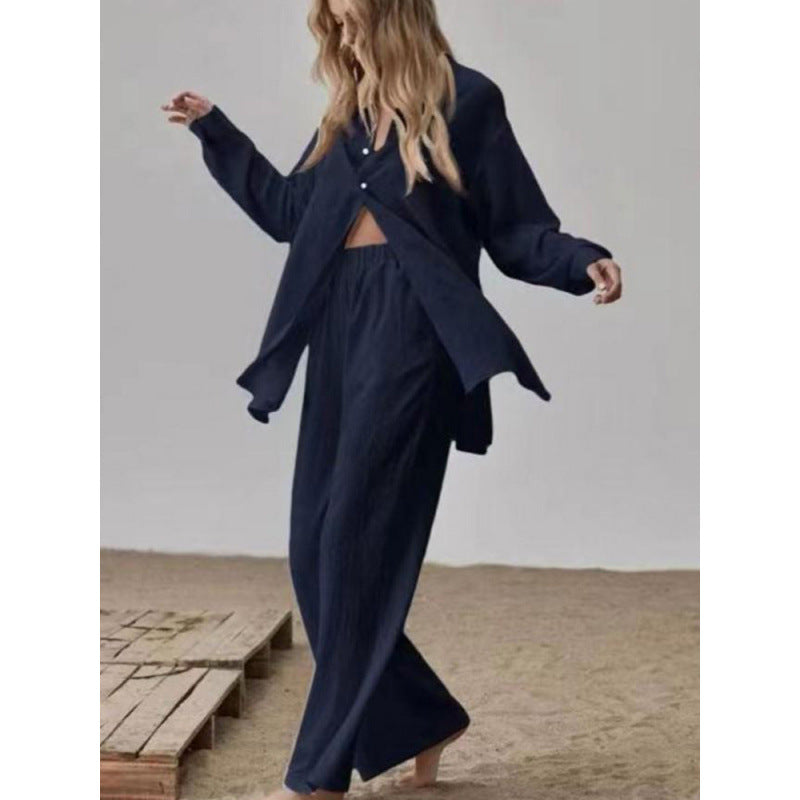 Damernas satinpyjamas-set med långärmad blus och vida byxor Mirla-Eva Jonsson