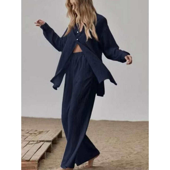 Damernas satinpyjamas-set med långärmad blus och vida byxor Mirla-Eva Jonsson