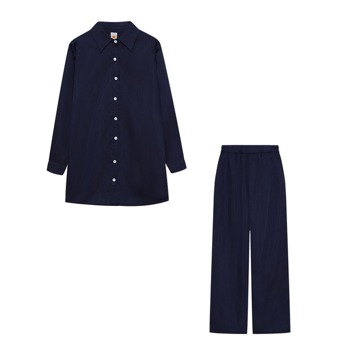 Damernas satinpyjamas-set med långärmad blus och vida byxor Mirla-Eva Jonsson