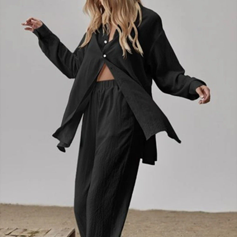 Damernas satinpyjamas-set med långärmad blus och vida byxor Mirla-Eva Jonsson