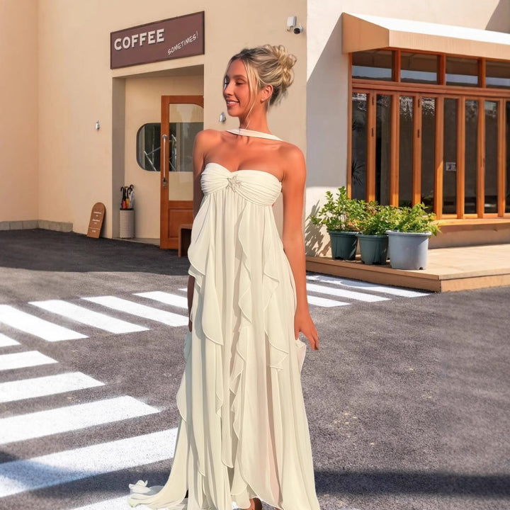 Damernas skräddarsydda strandklänning i flödande chiffong med elegant sprund Eva Jonsson-Eva Jonsson