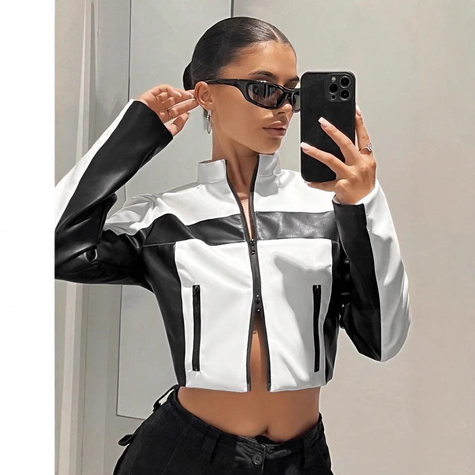 Damernas sportiga cropped jacka i konstläder med kontrastdetaljer Mirla-Eva Jonsson
