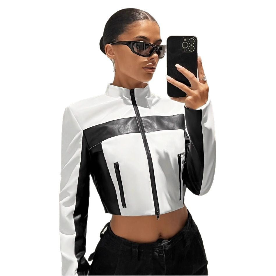 Damernas sportiga cropped jacka i konstläder med kontrastdetaljer Mirla-Eva Jonsson