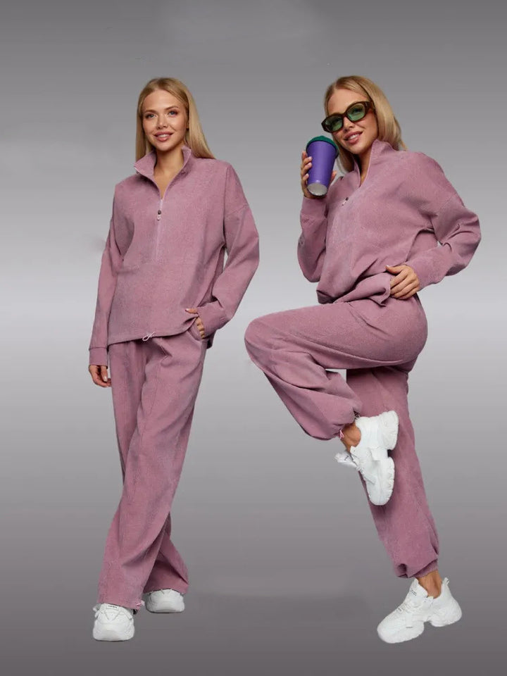 Damernas sportiga fleece-set med hög krage och vid ben Mirla-Eva Jonsson