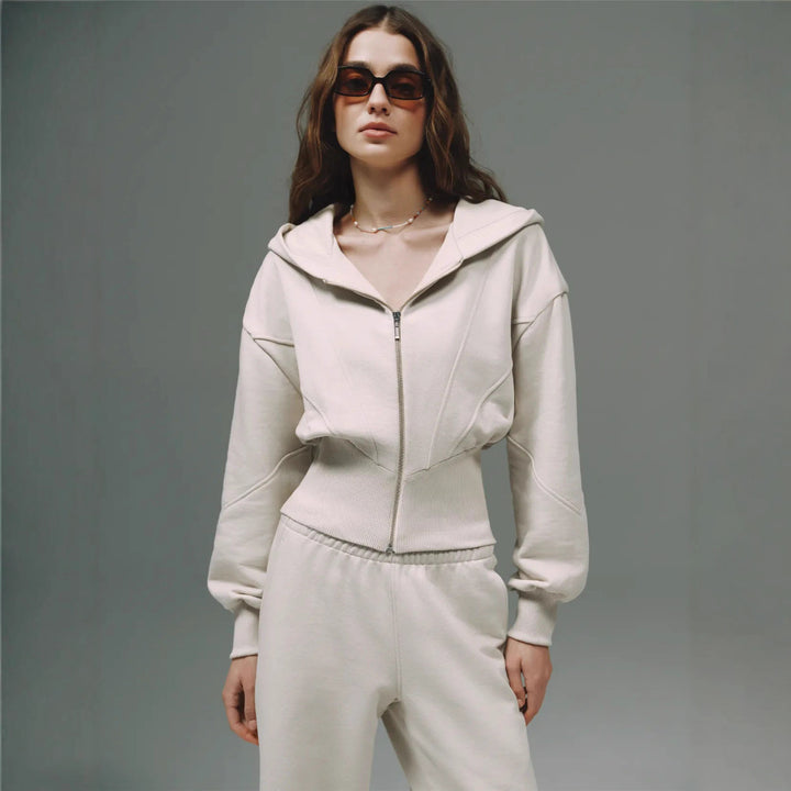 Damernas sportiga fritids-loungewear-set i högkvalitativ fleece med huva och vida byxor Mirla-Eva Jonsson