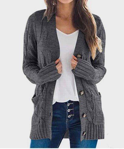Damernas tidlösa stickad cardigan med breda ribbor och praktiska fickor Eva Jonsson-Eva Jonsson