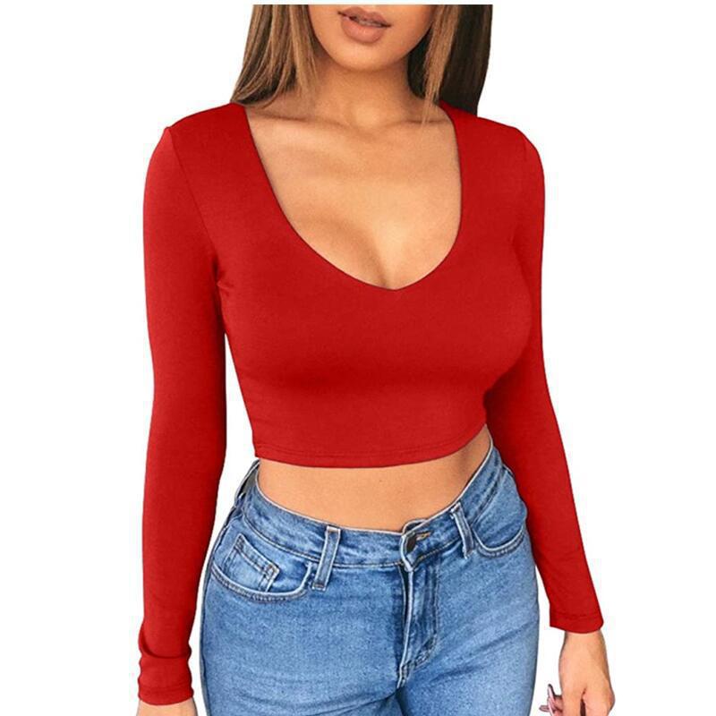 Damernas trendiga crop-top med djup V-ringning och lång ärm Mirla-Eva Jonsson