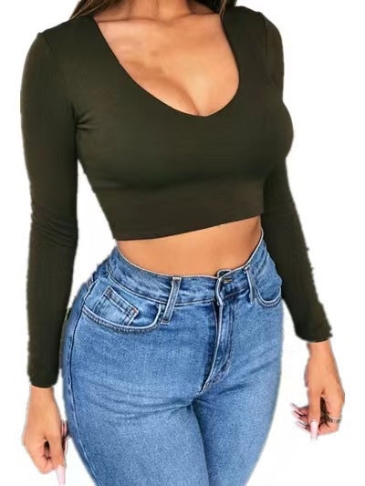 Damernas trendiga crop-top med djup V-ringning och lång ärm Mirla-Eva Jonsson