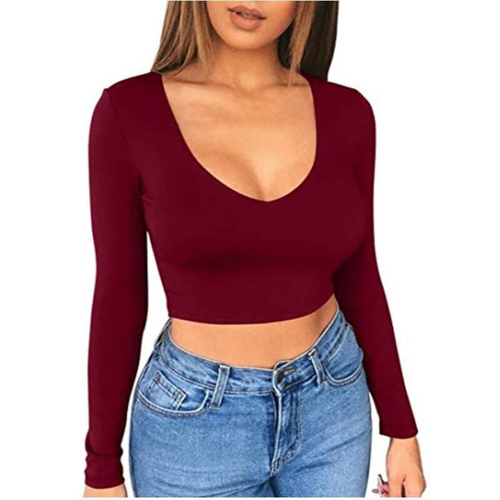 Damernas trendiga crop-top med djup V-ringning och lång ärm Mirla-Eva Jonsson