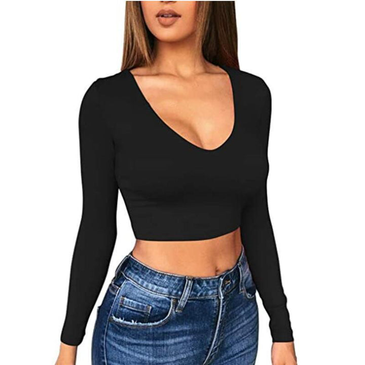 Damernas trendiga crop-top med djup V-ringning och lång ärm Mirla-Eva Jonsson