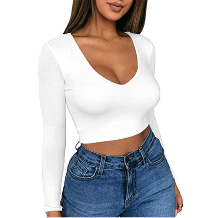Damernas trendiga crop-top med djup V-ringning och lång ärm Mirla-Eva Jonsson