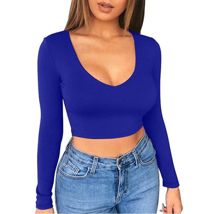 Damernas trendiga crop-top med djup V-ringning och lång ärm Mirla-Eva Jonsson