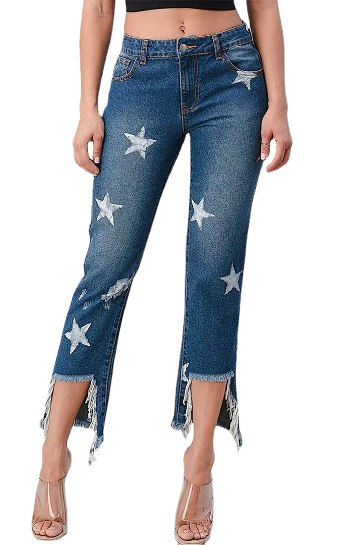 Damernas trendiga jeans med stjärnmönster och fransig fåll Mirla-Eva Jonsson