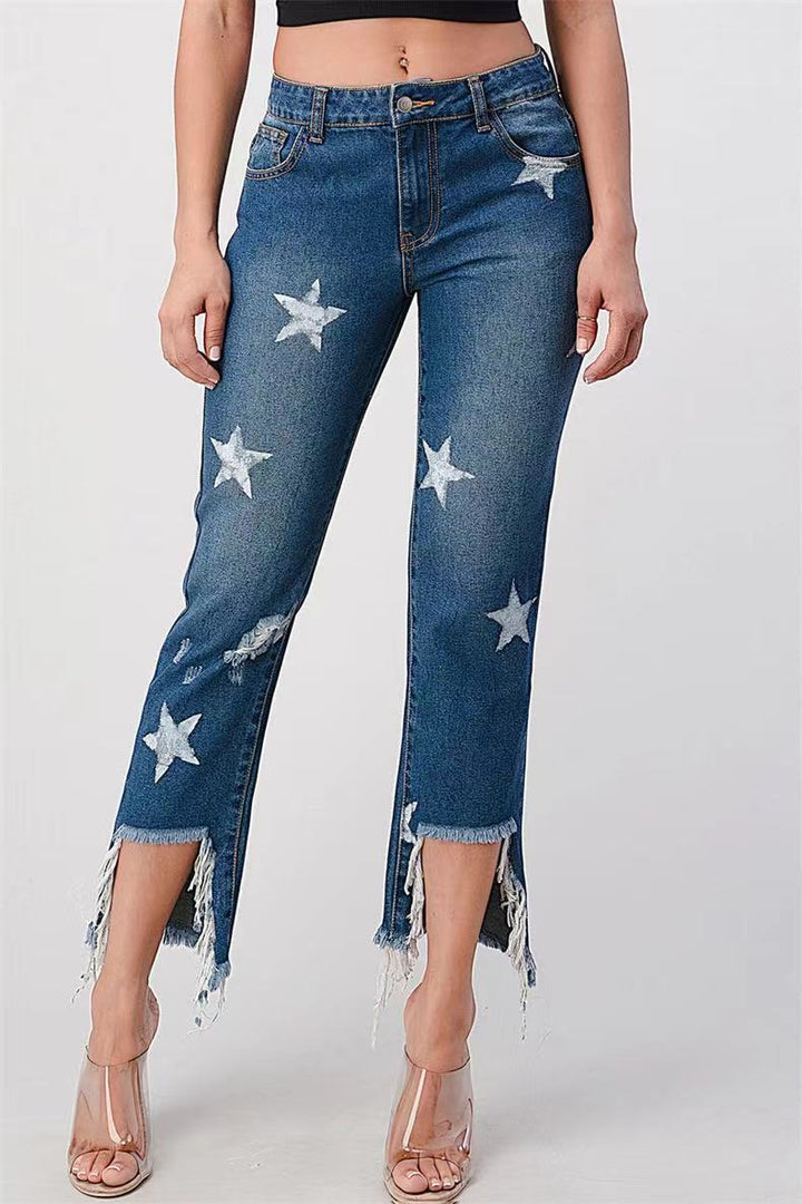 Damernas trendiga jeans med stjärnmönster och fransig fåll Mirla-Eva Jonsson