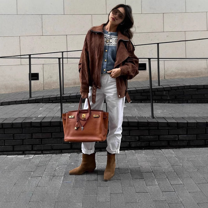 Damernas trendiga oversized läderjacka med bälte Mirla-Eva Jonsson