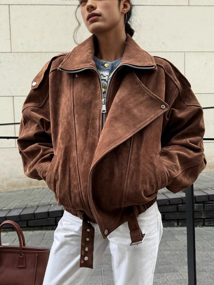 Damernas trendiga oversized läderjacka med bälte Mirla-Eva Jonsson